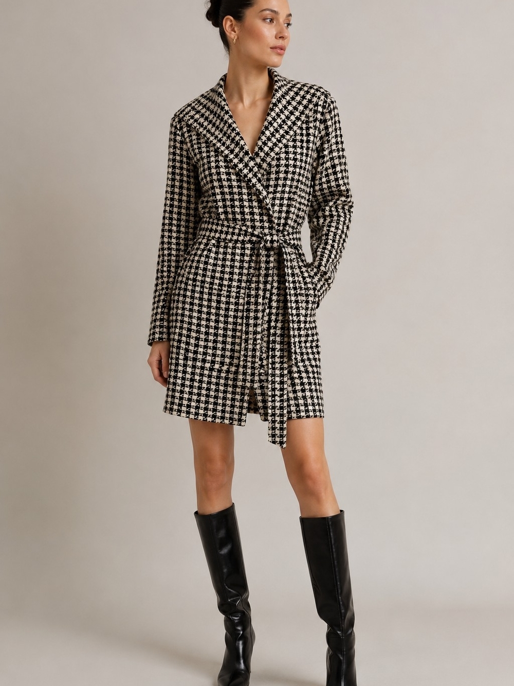 THARI Black/Beige houndstooth wrap coat dress waist belt Quiet Luxury fall winte